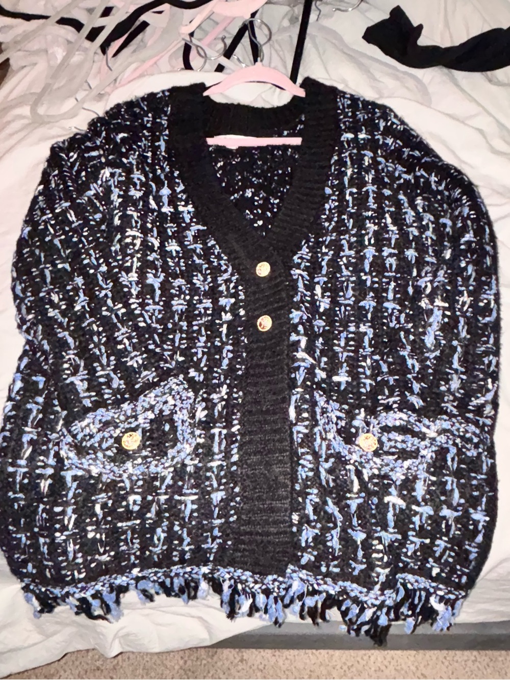 torrid Black and Light Blue Tweed Fringe Cardigan